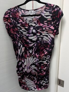 Worthington Pink, Purple & Black Abstract Drape Front, Cap Sleeves Top